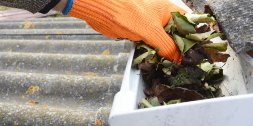 gloved hand cleaning a gutter